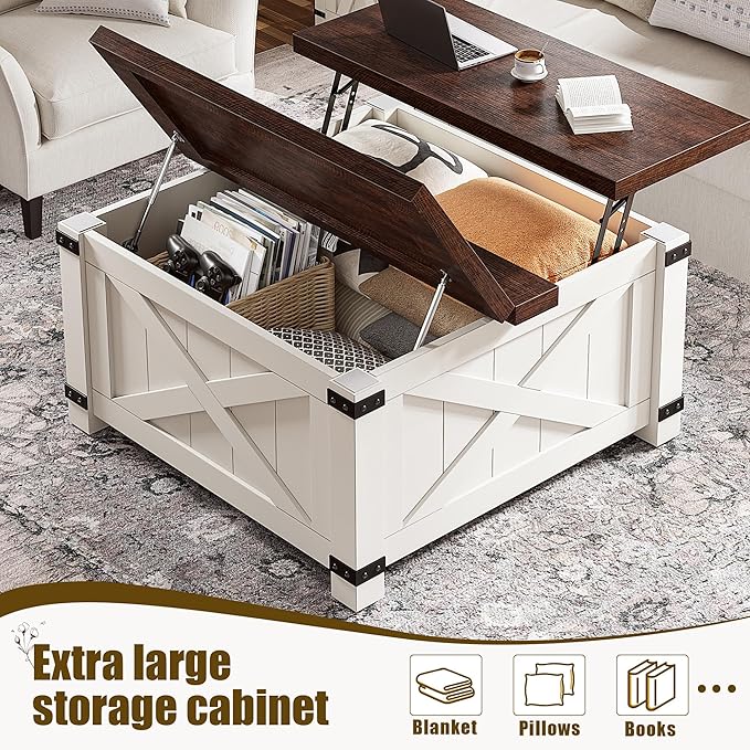 EnHomee Coffee Table 35.7" W Lift Top Coffee Tables for Living Room White Modern Coffee Table with Storage, Square