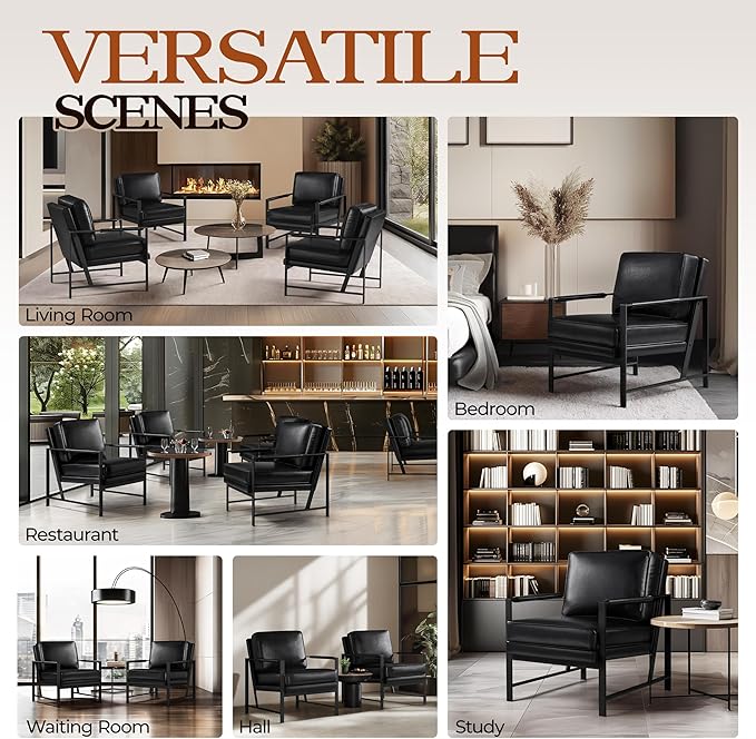 Yaheetech PU Leather Armchair, Retro Leisure Accent Chair with Extra Soft Padded and Cushion, Modern Reading Arm Chair with Black Metal Frame for Living Room/Office/Bedroom/Study Black 2 PCS