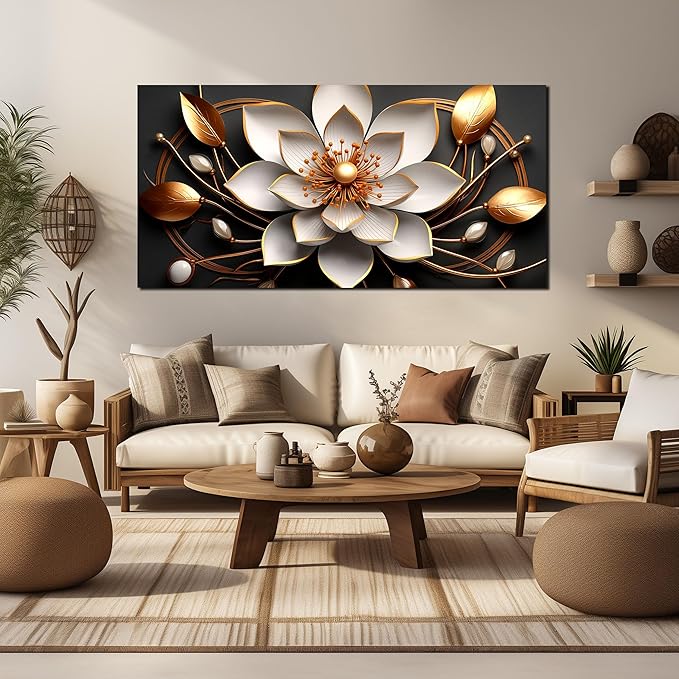 Large Artwork Canvas Wall Art for Living Room Office Room Bedroom Decor Wall Painting White and Gold Flowers Picture Modern Decorative Painting with Frame Ready to Hang Canvas Decor Size 24x48 E