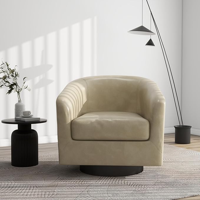 Swivel Barrel Accent Chair, Modern Round Faux Leather Arm Chair for Living Room, Bedroom, Comfy Club Reading Chairs for Adults(Faux Leather, Cream, Set of 2)