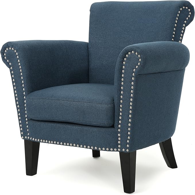 Christopher Knight Home Brice Vintage Scroll Arm Studded Fabric Club Chair, Navy Blue / Dark Brown 31D x 29.5W x 31.5H in