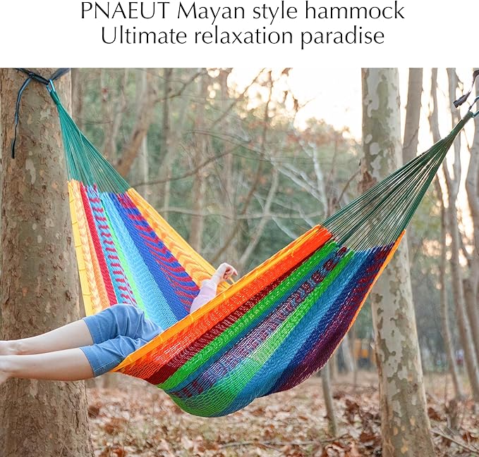 PNAEUT Mayan Hammock, Handwoven XL Thick Soft Rope Hammocks for Outdoor Indoor, Max 600 lbs Capacity, Tree Straps & Carabiners Included (Tropical, No Stand)