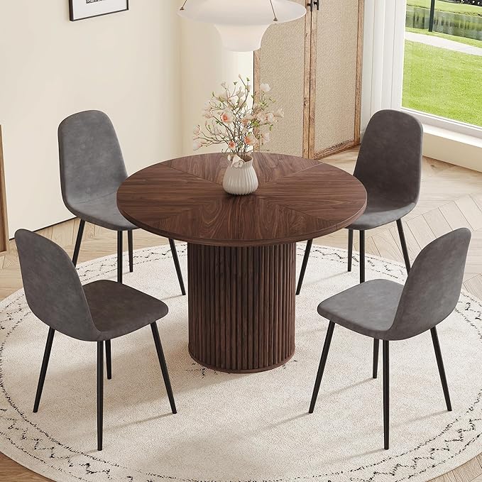 AZmac Round Dining Table Set for 4, Wooden Round Table 5-Piece with Modern Farmhouse Dining Table and 4 Fabric Chairs for Kitchen Dining Room, Walnut Table + 4 Gray Chairs