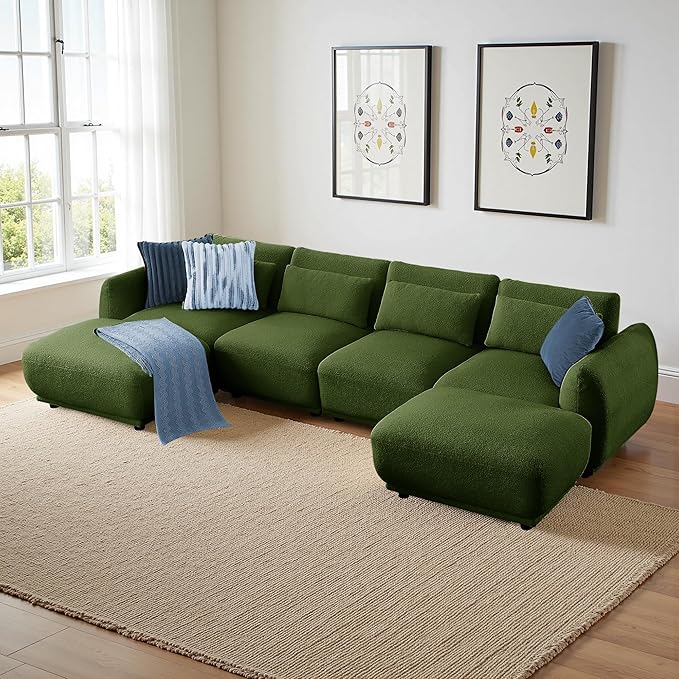 Sectional Sofa Couch, Modern Convertible U Shaped Sectional Couch with Ottoman, Modular Sectional Sofa Cloud Couches for Living Room (Green, 4 Set + 2 Ottoman)
