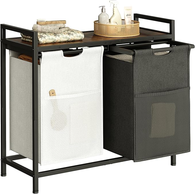 Laundry Hamper with Shelf, Laundry Basket 2 Section, Laundry Sorter with Pull-Out Removable Large 2 Color Bags and Movable, Metal Frame, 2 x 15.87 Gallons (60L), Rustic Brown PF06XLN