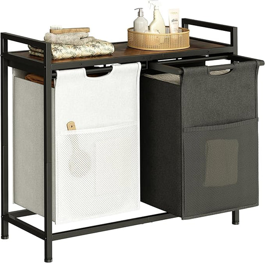 Laundry Hamper with Shelf, Laundry Basket 2 Section, Laundry Sorter with Pull-Out Removable Large 2 Color Bags and Movable, Metal Frame, 2 x 15.87 Gallons (60L), Rustic Brown PF06XLN