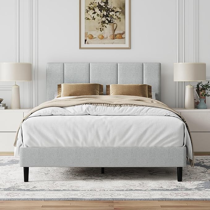 Full Size Bed Frame, Platform Bed Frame with Velvet Upholstered Headboard, Fully Upholstered Mattress Foundation with Strong Wooden Slats, No Box Spring Needed, Noise Free, Easy Assembly