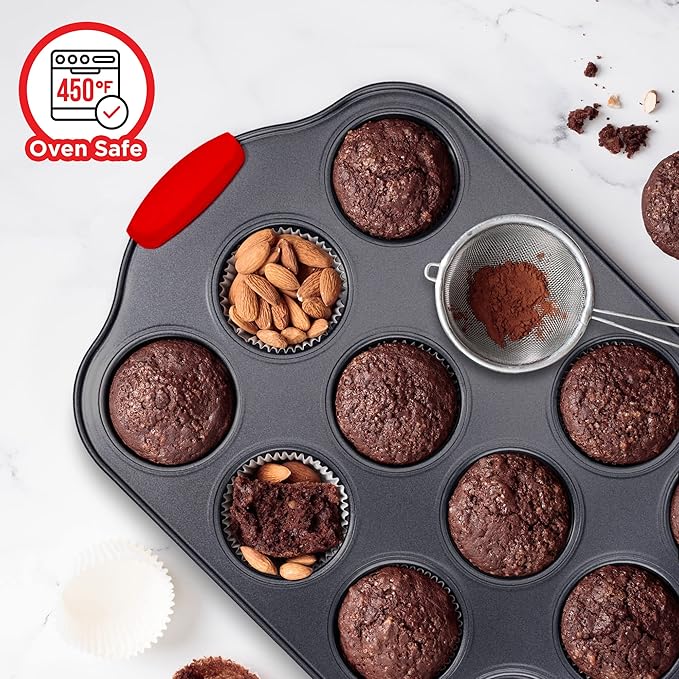 Baking Set – 8 Piece Kitchen Oven Bakeware Set – Deluxe Non-Stick Black Coating Inside and Outside – Carbon Steel – Red Silicone Handles – PFOA PFOS and PTFE Free by Bakken