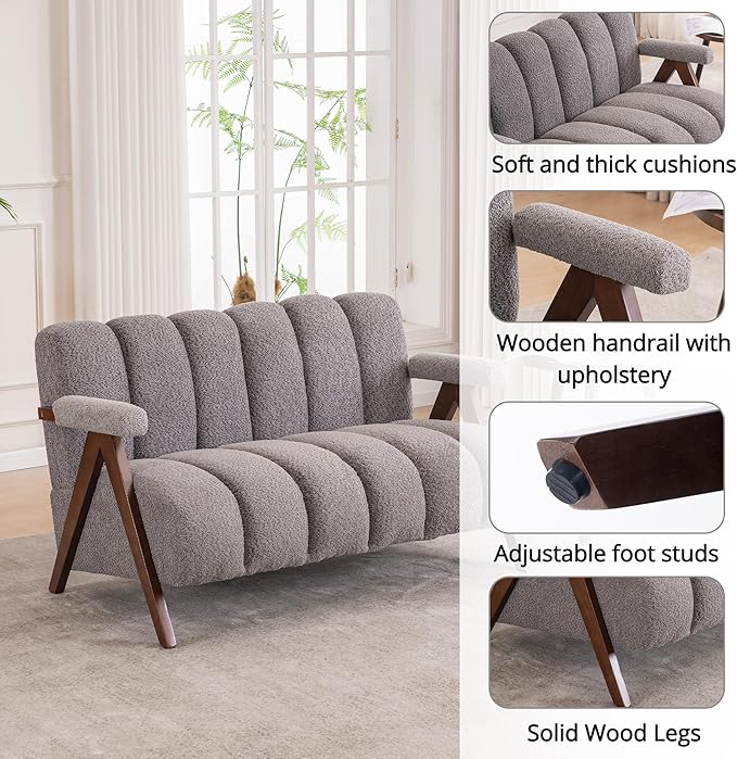 Mid Century Modern Accent Chair Loveseat Sofa with Solid Wood Frame, Boucle Upholstered Living Room Chairs with Thick Cushion, Comfy Tufted Arm Chair for Bedroom, Grey