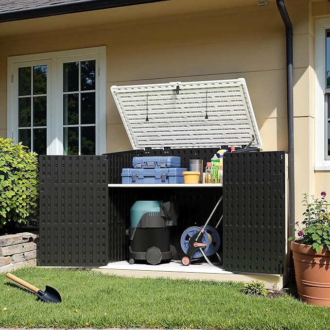 Greesum Outdoor Resin Storage Shed, 34 Cu.ft Horizontal Outdoor Storage Box Waterproof for Garden, Pool Storage, Garbage Cans, Black