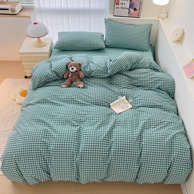 mixinni Dark Green Gingham Comforter Set Twin XL, Plaid Comforter Set 3 Pieces 1 Teal Grid Comfoter with 2 Pillow Cases for All Seasons, Soft Fluffy Modern Grid Pattern Printed Bedding-Twin XL Size