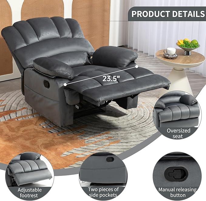 Large Recliner, 23" Wide Seat, A Recliner with Three Position, Recliner Chair Oversized with Two Side Pockets