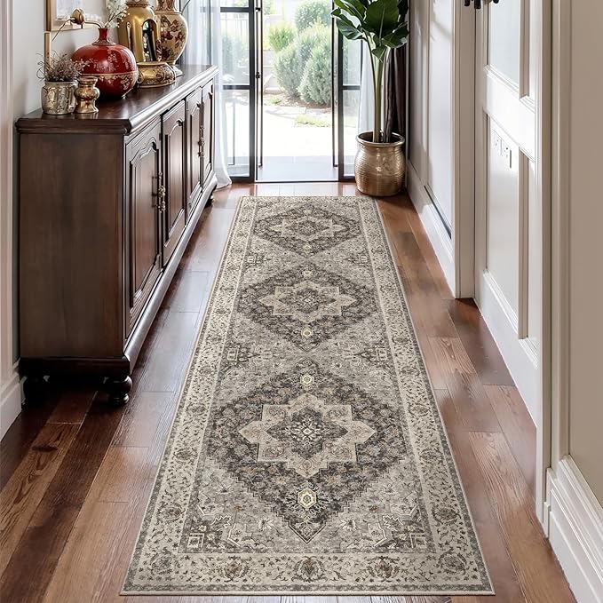 Tangsoo 2.6x8 Washable Runner Rug for Hallways, Non Slip Vintage, Soft Low Pile Long Runner, Print Distressed Brown/Grey Carpet Runners for Kitchen Bedroom Entryway Bathroom Living Room