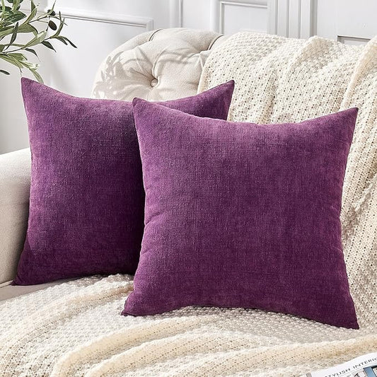 GAWAMAY Decorative Chenille Throw Pillow Covers 24x24 Inch Pack of 2, Soft Square Couch Pillow Cover for Sofa Cushion Living Room Bedroom Solid Dyed Pillowcases Purple 60x60cm (ONLY Covers)