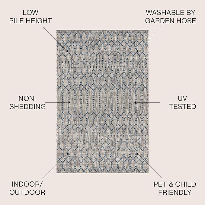 JONATHAN Y SMB108A-4SQ Ourika Moroccan Geometric Textured Weave Indoor/Outdoor Area Rug, Bohemian, Scandinavian for Bedroom, Kitchen, Living Room, Easy-Cleaning, Light Gray/Navy, 4' Square