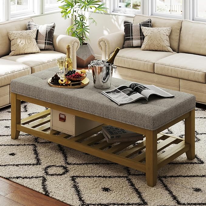 Large Rectangular Upholstered Ottoman Bench, Linen Tufted Footrest Ottoman with Solid Wood Shelf Storage Coffee Table for Bedroom Living Room, Linen