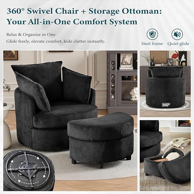 Swivel Accent Chair with Ottoman Comfy Reading Chairs for Bedroom Modern Corduroy Arm Chair 360°Swivel Barrel Chairs for Living Room,Apartment (Black, 2)
