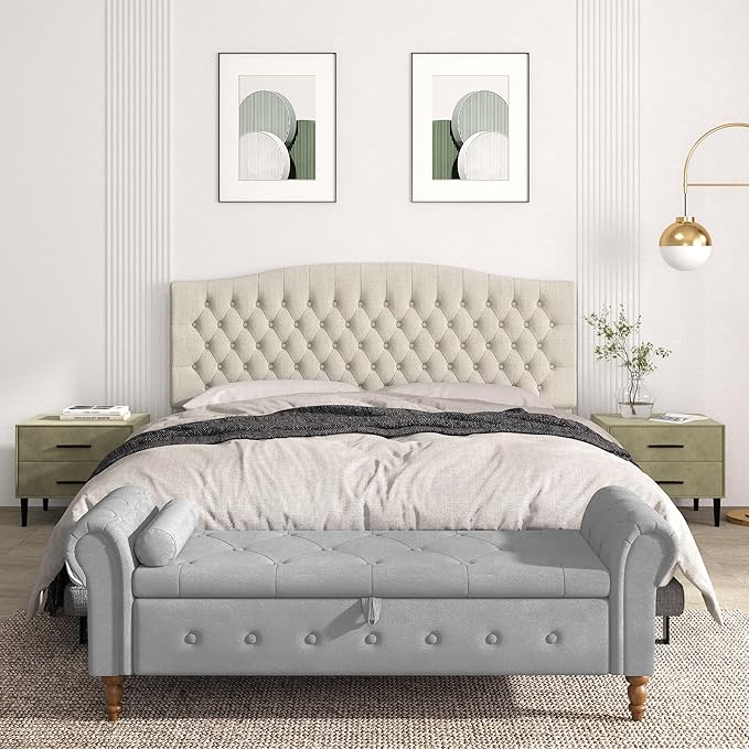 King Headboard Only, Upholstered Headboard King Size for Adjustable Bed Linen Tufted Wall Mounted Head Board with Solid Wood Legs, Ivory
