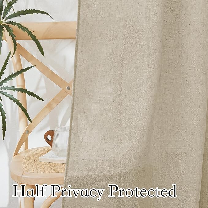 RYB HOME Sheer Curtains Linen Textured Semi Sheer Draperies Light Glare Filtering Privacy Sheer Backdrop for Bedroom Living Room Patio Door Window Decor, Beige, W 70 x L 95 inch, 2 Pcs
