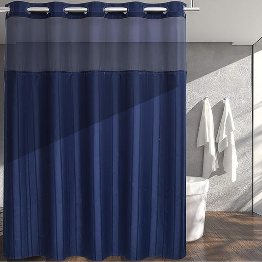 Extra Long No Hook Waffle Weave Shower Curtain with Snap in Liner Set, Hotel Luxury Dark Blue Shower Curtains for Bathroom with See Through Top Window, Waterproof, Washable 71W x 84H Stripe