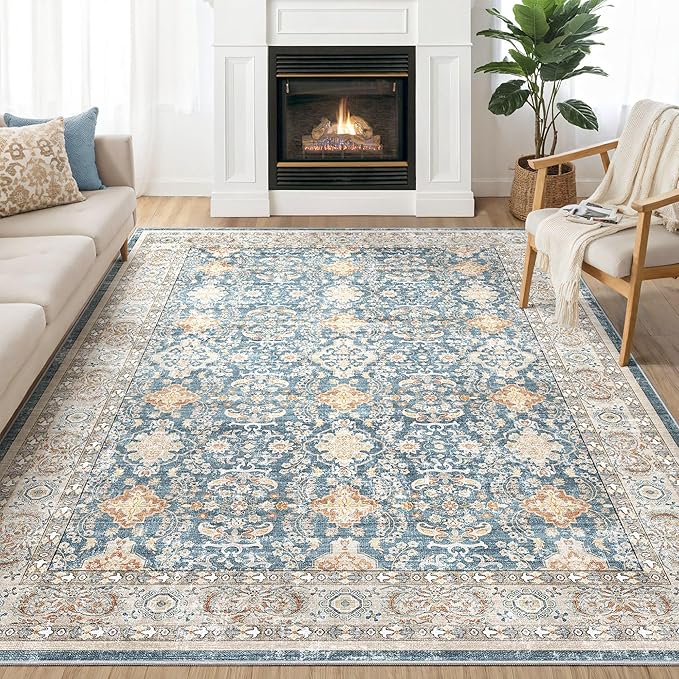 Area Rugs for Living Room: 8x10 Washable Rug Vintage Boho Floral Print - Ultra Thin Stain Resistant Large Soft Non Slip Foldable Carpets for Bedroom Dining Room Office Nursery - Blue