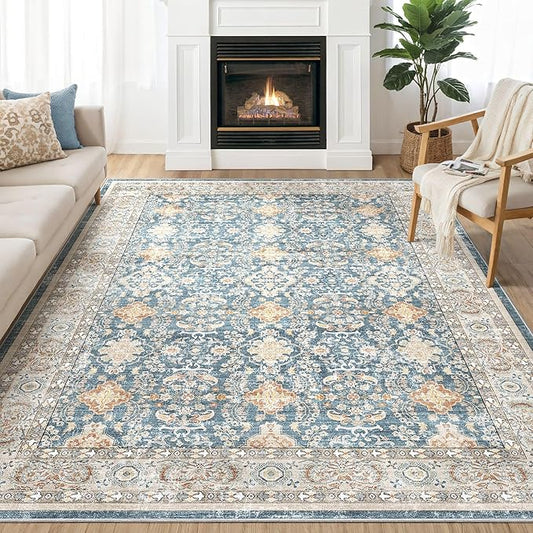 Area Rugs for Living Room: 8x10 Washable Rug Vintage Boho Floral Print - Ultra Thin Stain Resistant Large Soft Non Slip Foldable Carpets for Bedroom Dining Room Office Nursery - Blue