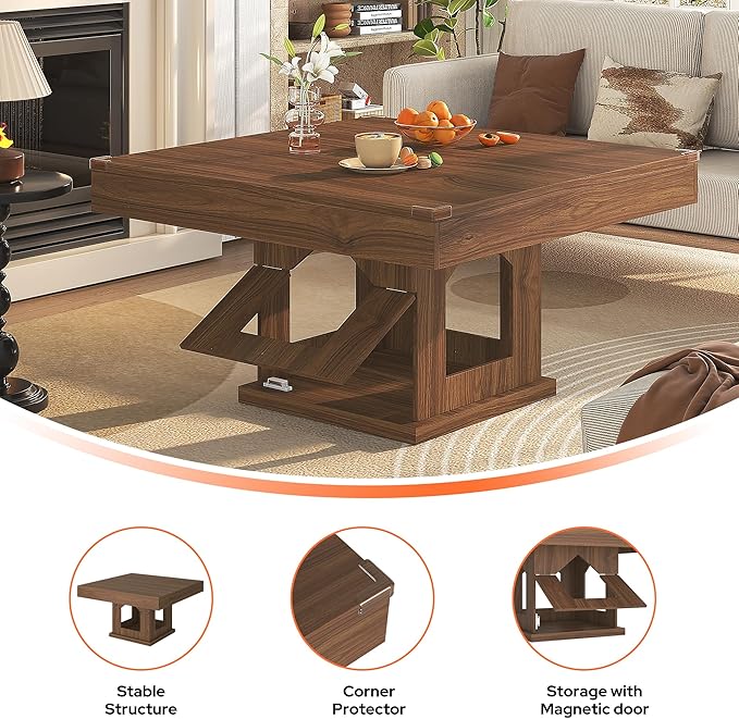 Square Coffee Table, Wooden Coffee Table with Storage and Cat House, Rustic Brown Cocktail Table for Living Room, Farmhouse Large Center Table