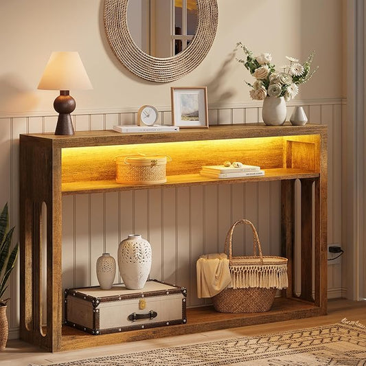FAVOOSTY Farmhouse Console Table with Storage, 47" Entryway Console Table with Led Light, 2-Tier Entryway Table Sofa Table Behind Couch Table Hallway Stand for Living Room,Foyer,Entrance Brown