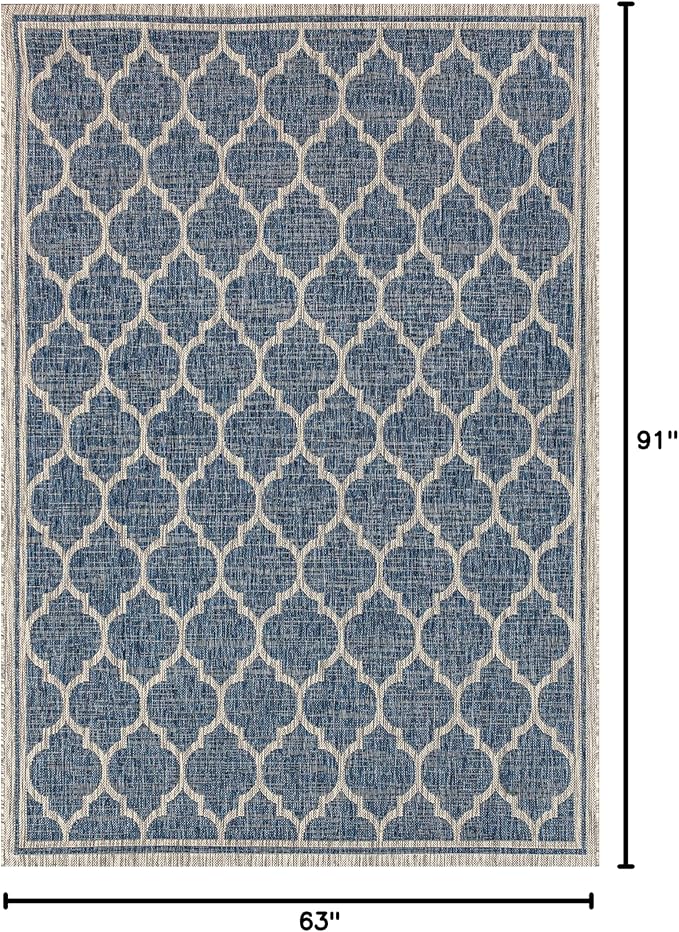 Eyely BMS109D-5 Santa Monica Trebol Moroccan Trellis Textured Weave Indoor/Outdoor Area Rug Coastal;Bohemian, Bedroom, Backyard, Patio, Easy-Cleaning, Non-Shedding, 5 X 8, Navy/Gray