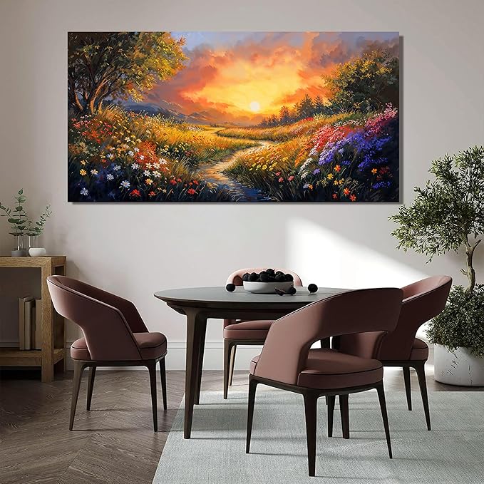 Canvas Wall Art Decor Wall Art Pictures for Living Room Large Vintage Landscape Wall Art Prints Canvas Art Wall Decor Wildflower River Artwork for Walls Bedroom Home Aesthetic Wall Art Decor 24" X 48"