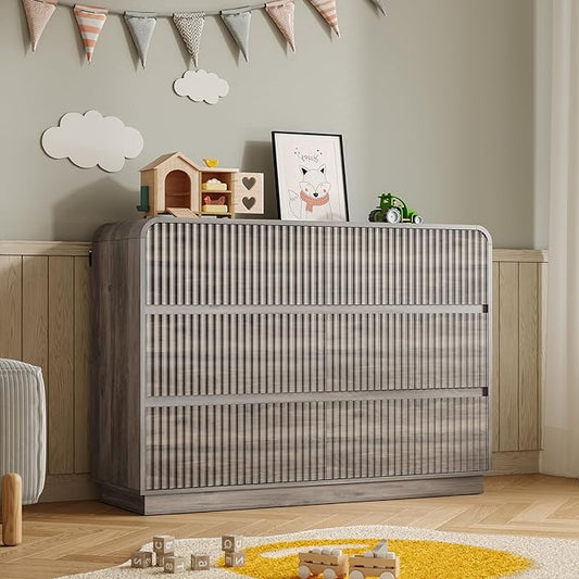 Dresser for Bedroom with 6 Drawers, Fluted Chest of Drawers with Round Curved Corner, Hidden Handles, Modern Wood Storage Organizer for Bedroom, Nursery, Living Room