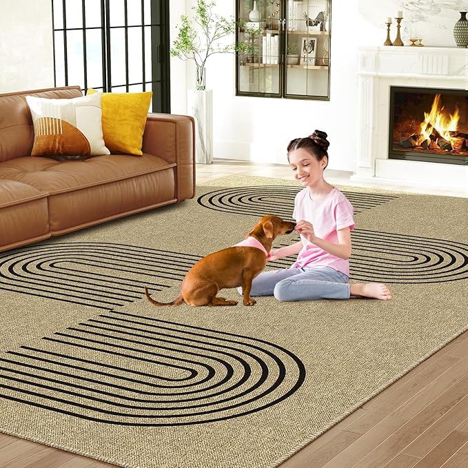 Easy Jute Area Rug 8x10, Large Living Room Washable Rug Indoor Outdoor Patio 8x10 Carpet, Farmhouse Rainbow Pattern Throw Non Slip Black Carpet for Backyard Dining Room, Light Brown/Black