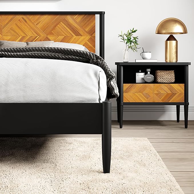 Lenia 14-Inch Queen Size Platform Bed Frame with Headboard – Heavy Duty Acacia Wood, Mid-Century Modern Style, 12 Slats for Support, No Box Spring Needed, Noise-Free, Easy Assembly, Teak Brown