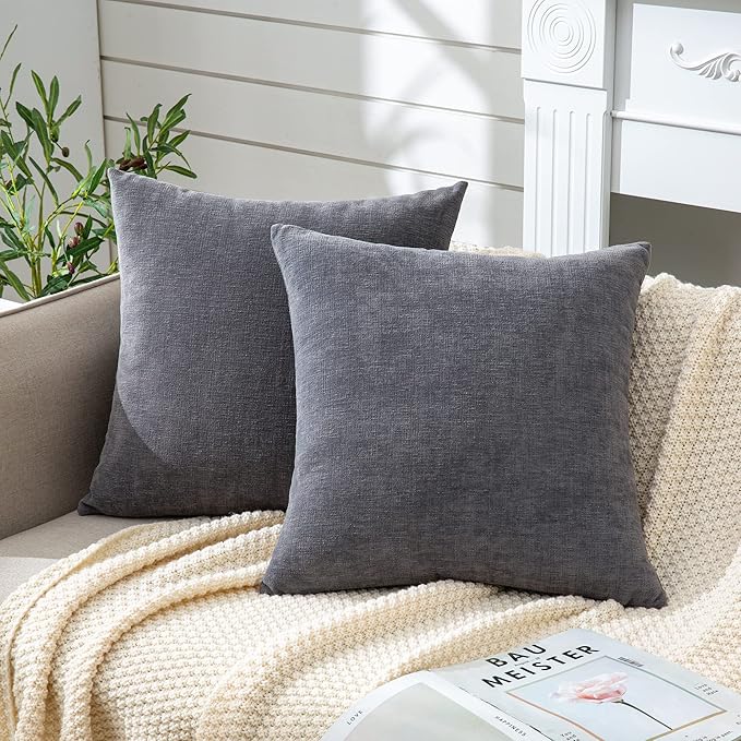 GAWAMAY Decorative Square Throw Pillow Covers 18"x18" Inch Set of 2, Super Soft Chenille Pillows Farmhouse Fall Pillowcase for Living Room Bedroom Sofa Couch Cushion Cover Grey 45x45cm (No Insert)