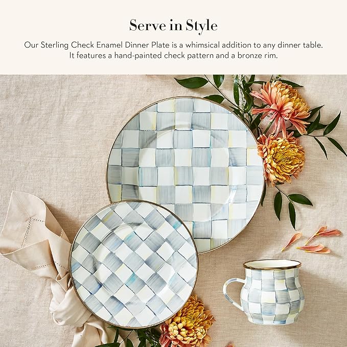 MACKENZIE-CHILDS Enamel Dinner Plate, Decorative Dinnerware Plate, 10 Inches, Set of 4, Gray-and-White Sterling Check