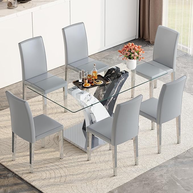 Glass Dining Table Set for 6, 63” Kitchen Table Set for 6, Modern Dining Room Table Set with Upholstered Chairs, Tempered Glass Tabletop with Y Shape Base