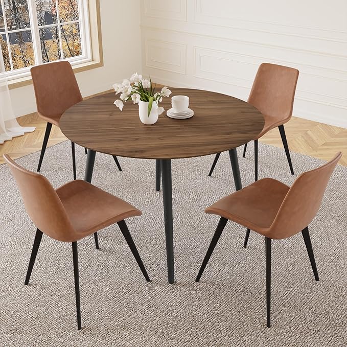 43.3 Inch Round Dining Table Set for 4, Modern Small Kitchen Coffee Set for Dining Room Kitchen Apartment (Walnut Table + 4 Brown Chairs)