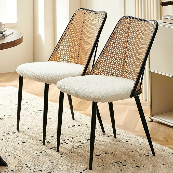 Rattan Dining Chairs Set of 4, Modern Mid Century Dining Chairs Upholstered Kitchen Chairs Boucle Stylish Cane Chairs with Metal Legs for Apartment, Dining Room