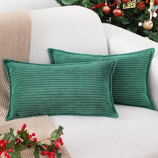 Mecatny Corduroy Throw Pillow Covers 12x20 Set of 2, Neutral Decorative Soft Boho Lumbar Couch Pillow Covers with Broadside for Sofa Living Room, Green