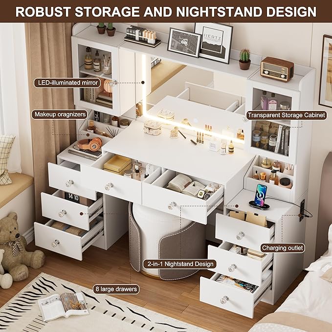 PAKASEPT 55.1" Large Vanity Desk with Mirror and Lights, Makeup Vanity with Power Outlet and 8 Drawers, 3 Lighting Modes Adjustable Vanity Table for Girl Women(White)