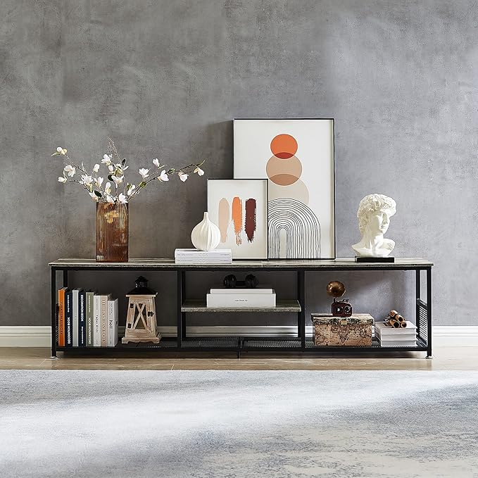 VECELO Industrial TV Stand for Televisions up to 80 Inch, 70" Entertainment Center with Open Storage Shelves for Living Room/Bedroom, 3 Tiers Media Console Table with Metal Frame, Grey, 70 Inches