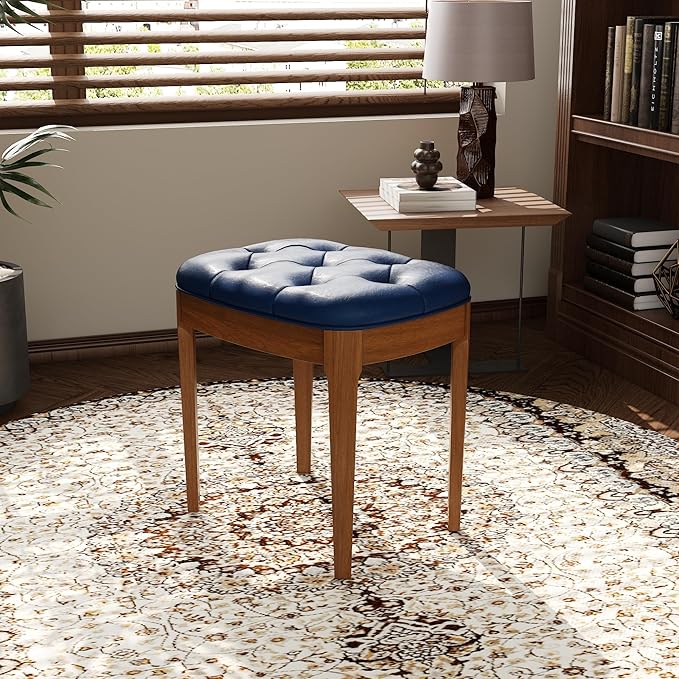 Solid Wood Button Tufted Vanity Stool, Ottoman Stool with Wood Legs & Padded Seat PU Leather Upholstered Piano Bench with Non-Slip Foot Pads Accent Stool for Bedroom Entryway, Blue