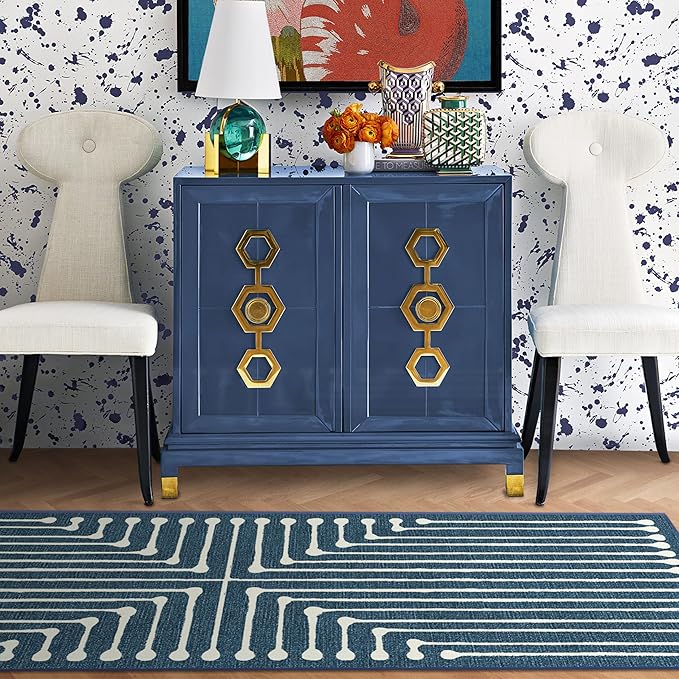 RUGGABLE x Jonathan Adler Machine Washable Modern Runner Rug – Inkdrop Lapis Blue 2.5x7, Stain-Resistant, Non-Slip – Washable Rug for Hallway, Entryway, Living Room & Kitchen–with Standard Pad