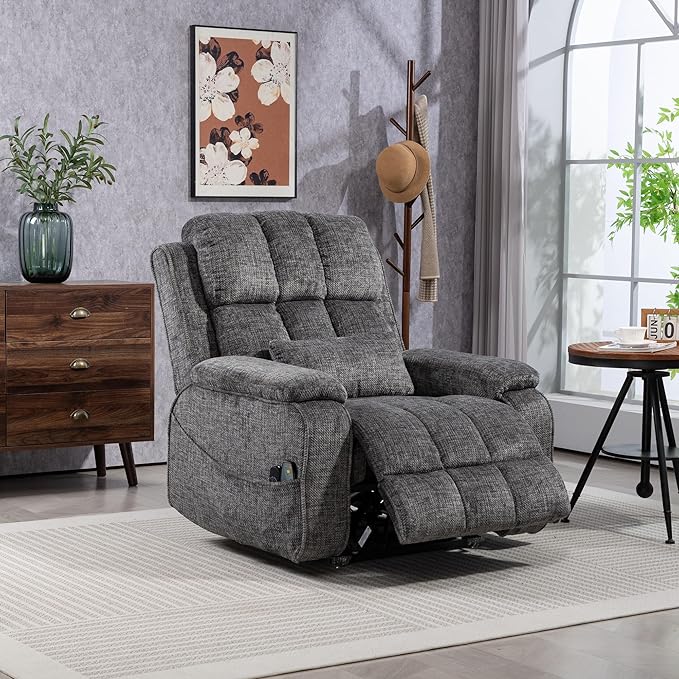 Power Recliner Chair with Heat and Massage, Dual Motor Lumbar Lift Recliner Chairs for Elderly, 180° Lay Flat Recliner with Side Storage Cup Holder and USB Type C Charging for Adults