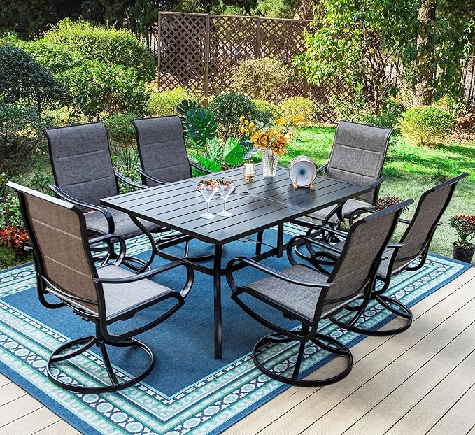 PHI VILLA 7 Piece Patio Dining Set for 6, 1 Large Metal Table and 6 Outdoor Dining Chairs with High Back and Padded Textilene, Outdoor Furniture Set for Garden, Yard