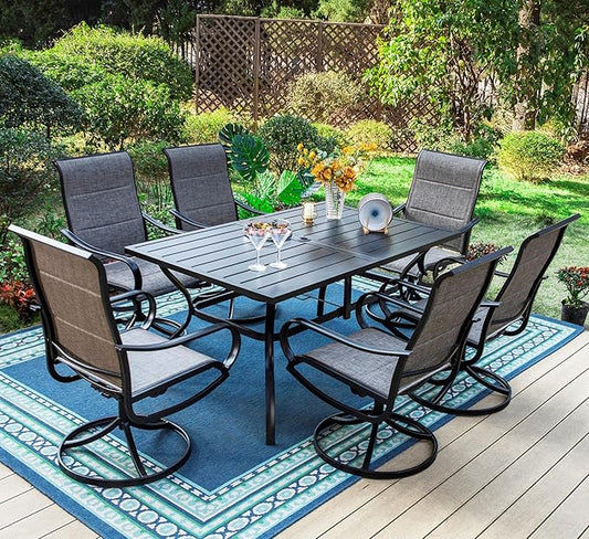 PHI VILLA 7 Piece Patio Dining Set for 6, 1 Large Metal Table and 6 Outdoor Dining Chairs with High Back and Padded Textilene, Outdoor Furniture Set for Garden, Yard