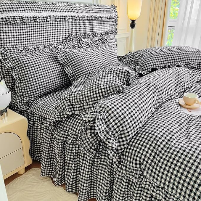 mixinni Vintage Black Gingham Ruffle Comforter Set 3-Piece Washed Cotton Full Size Grid Bedding Set with Geometric Checkered Pattern, Farmhouse Chic Soft Fluffy Comforter for All-Season