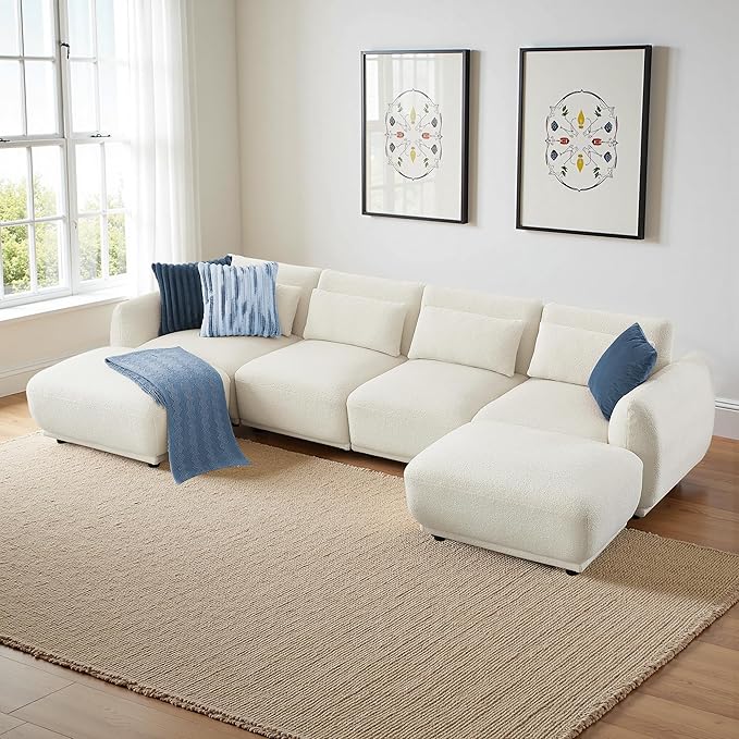 Sectional Sofa Couch, Modern Convertible U Shaped Sectional Couch with Ottoman, Modular Sectional Sofa Cloud Couches for Living Room (White, 4 Set + 2 Ottoman)