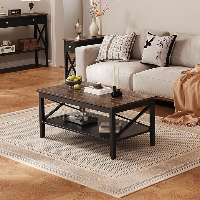 ChooChoo Coffee Table, Wooden Coffee Tables with Thicker Legs, Black Coffee Table with Storage for Living Room