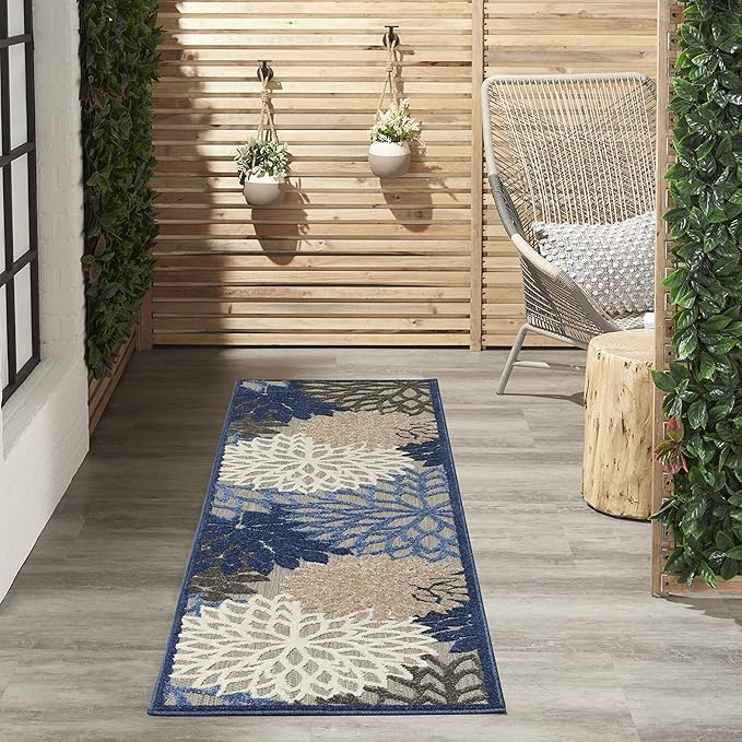 Nourison Aloha Indoor/Outdoor Blue/Multicolor 2'3" x 10' Area Rug, Tropical, Botanical, Easy Cleaning, Non Shedding, Bed Room, Living Room, Dining Room, Deck, Backyard, Patio (2x10)